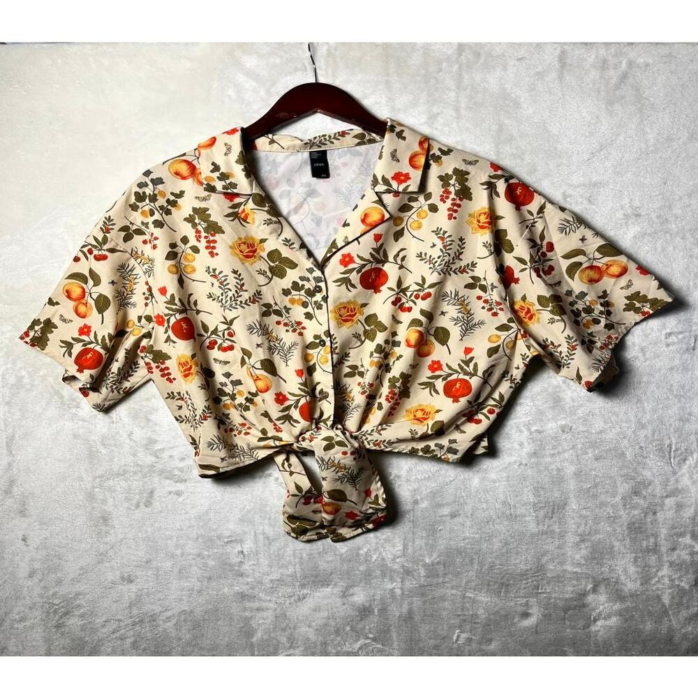 Cider Silken Cottage Front Knot Blouse Women's XL Flowers Fruits Natural Beige - Picture 2 of 7